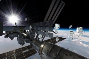 Astronauts conducting a spacewalk outside the International Space Station.