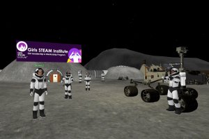 GSI students and participants on the moon in astronaut suits in ENGAGE XR VR Platform.