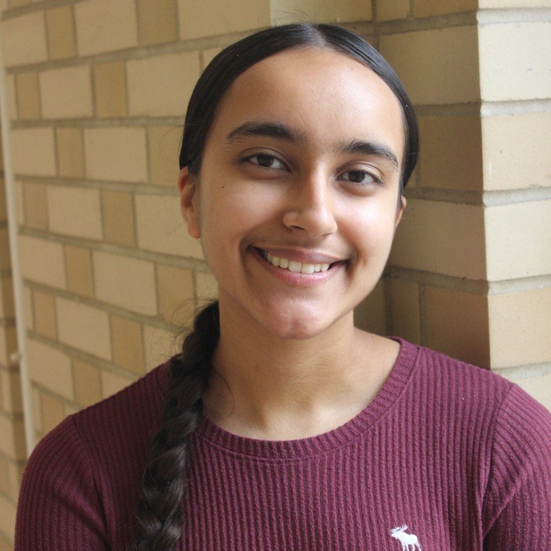 Smiling young woman with braided hair and a maroon sweater.