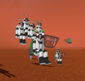 Avatars in space suits on Martian landscape.